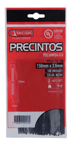 Precinto Prensacable Nylon 300mm X 4.6mm X100 Unid Tacsa