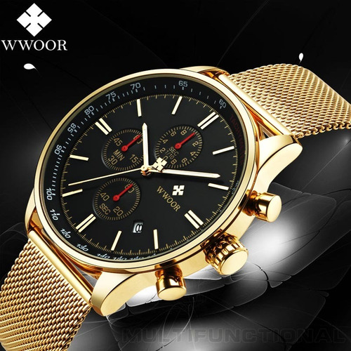 Relógio Wwoor 8862 Quartzo Dourado Pulseira Fina Original