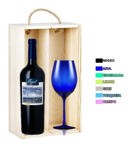 Estuche Madera Vino La Azul Malbec X750cc+copon Cristal