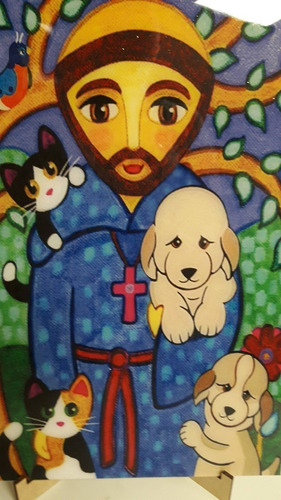 Quadro São Francisco De Assis 50 X 35 Resinado Cão E Gato