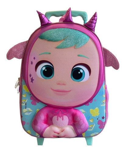 Mochila 3d Con Ruedas Niñas Cry Babies Bruny Bebe Llorones Color Rosa