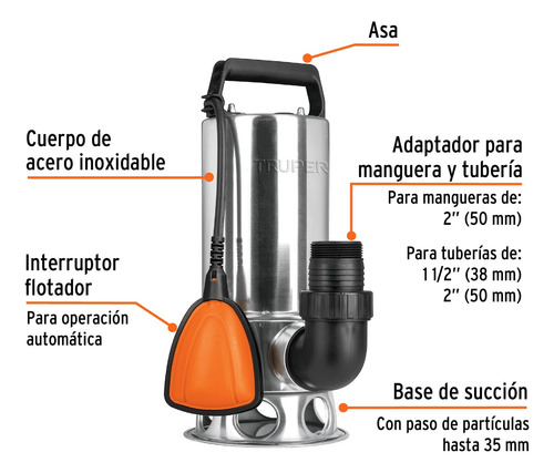 Bomba Sumergible Acero Inoxidable,agua Sucia,1-1/2hp, Truper