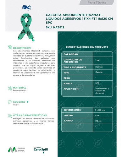 Calceta Absorbente, Hazmat, Spc® 120 Cm, Caja C/12 Pzas.