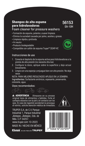 Shampoo Alta Espuma Para Hidrolavadora 1 L Klintek 56153