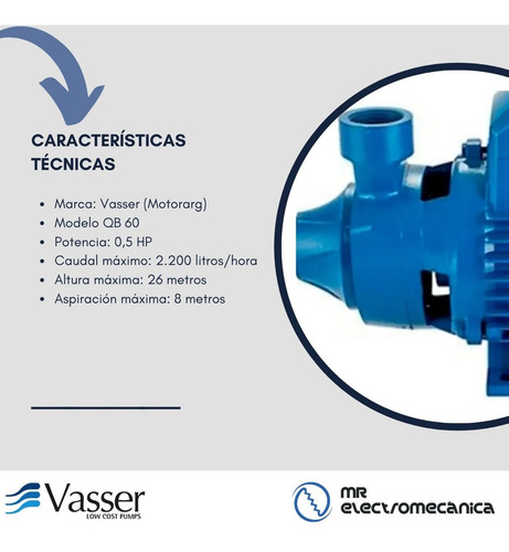 Bomba Periferica 0.5hp - Elevadora Agua Motorarg Vasser Qb60