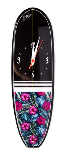 Relógio De Parede Longboard  Madeira Floral E Preto Surfista