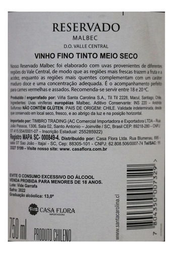Vinho Tinto Chileno Reservado Malbec 750ml Santa Carolina