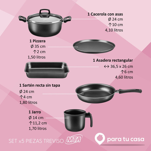 Batería De Cocina Cacerola 5 Pzas Aluminio Teflón Mta Ct