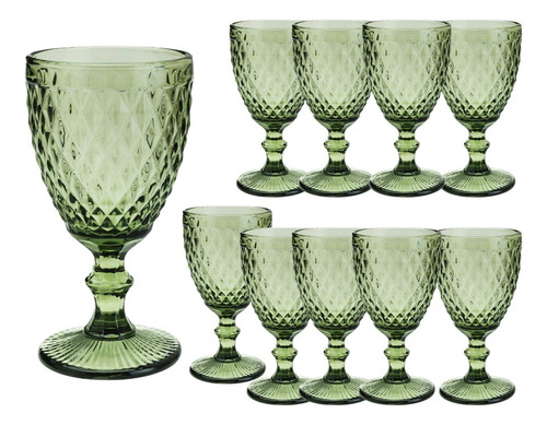 Jogo 10 Taças De Vidro Bico Abacaxi Verde Água Lyor 325ml