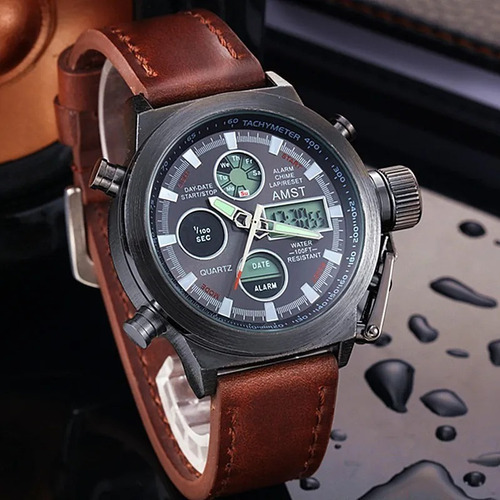 Relógio Amst 3003 Couro Masculino