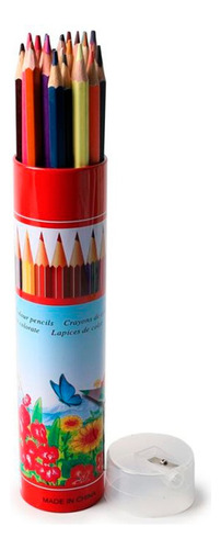 12 Lapices Colores Madera Tubo Metalico Sacapuntas 6 Piezas Trazo Multicolor