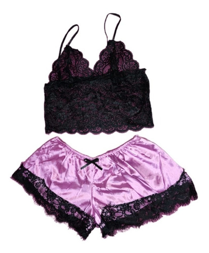 Pijama Seda Sintetica  Rosa + Negro Para Dama // Candysenses