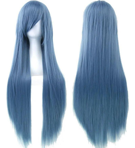 Peruca Feminina Cabelo Longo Liso 80cm Fibra Azul Cosplay