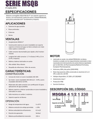 Motor Sumergible Aquapak 1/2 Hp 1f 3h 230v Msqa4 1/21230