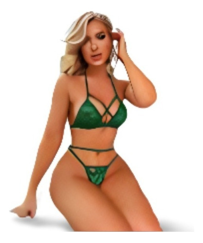 C^ Set De Lancería Verde Con Encaje Floral Con Tira