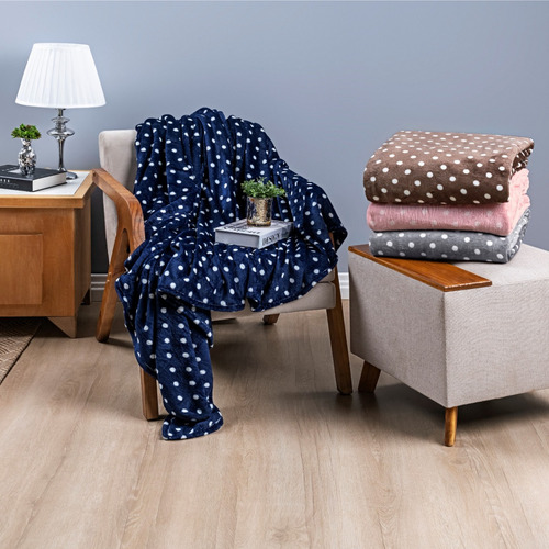 Cobertor Frio Intenso Cama Casal Queen Mantinha Grid Flannel Cor Poá Marinho