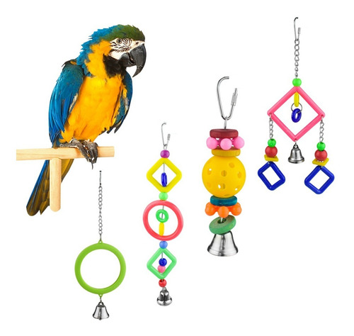 Imagen 1 de 6 de Kit 4 Juguetes Colgantes Para Aves Pájaros Pericos C/campana