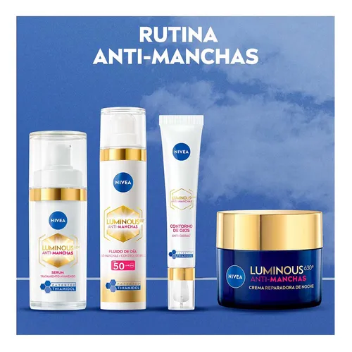 NIVEA Rutina Facial Luminous 630° Antimanchas con Ácido Hialurónico (4 Piezas) Suero, Fluido con Protector Solar FPS50, Contorno de Ojos Anti-Ojeras y Crema de Noche. Unifica el tono de tu piel