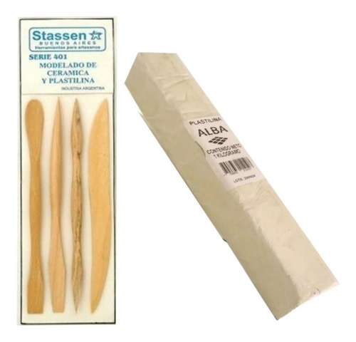 Kit Set 4 Estecas Madera Stassen Serie 401 + Plastilina Alba