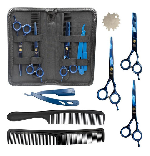 Kit Barbeiro Cabeleireiro Pente Navalhete Tesouras Aço Inox Cor Azul