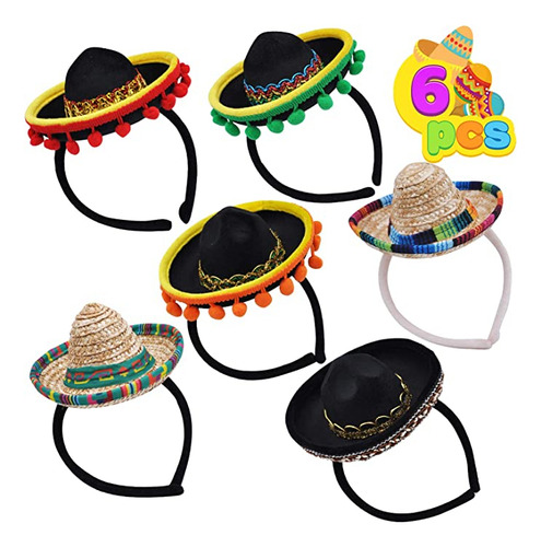 6 Diademas De Tela Y Sombrero De Paja Cinco De Mayo, Disfra.