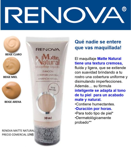 Base De Maquillaje Renova Matte Natural, Piel Grasa | Meses sin intereses Base De Maquillaje Renova Matte Natural, Piel Grasa | Meses sin intereses
