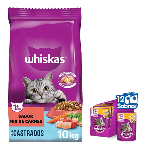 Whiskas Combo Gatos Castrados Alimento 10kg +sobre Pollo 12u