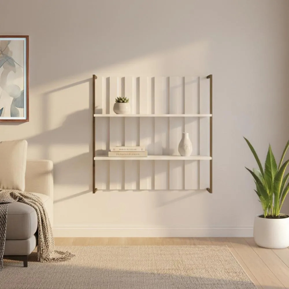 Estante Ripada MDF Branco com Prateleiras e Tubo Ouro Velho Carraro