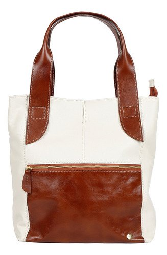 Bolsa De Ombro Grande Feminina Couro Legitimo Luxo Acambamento Dos Ferragens Ouro Cor Off White E Caramelo Desenho Do Tecido Liso