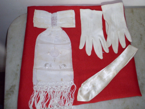 Antiguo Conjunto Comunion,corbata,guantes Y Moña