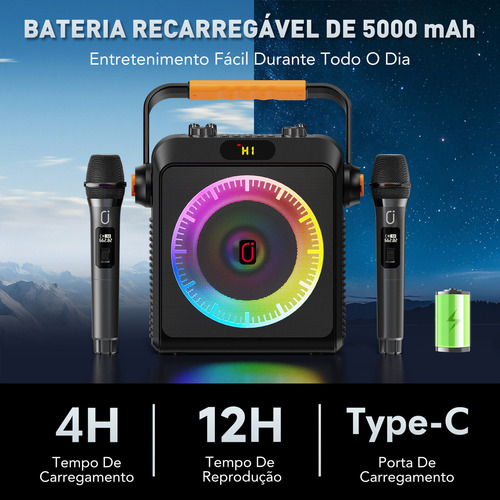 Caixa Som Portátil Bluetooth Con Microfone Amplificada, TWS para Som Estéreo Hi-Fi Luzes RGB para Casa, Festa e Uso Externo