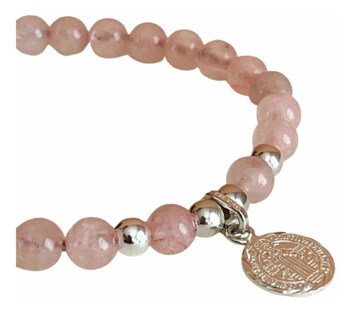 Pulsera Protección Cuarzo Rosa Medalla San Benito Plata .925