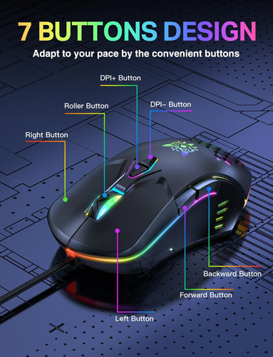 Ratón Para Juegos Con Cable, Luz Rgb Colorida, 3600 Dpi 4 Ni