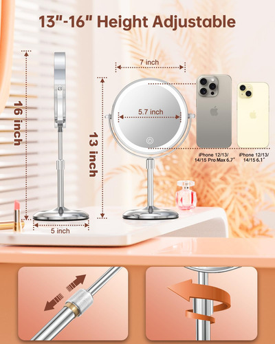 Espejo De Maquillaje Iluminado Con Soporte Ajustable, [3