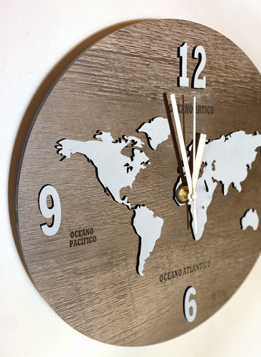 Reloj De Pared De Madera Analógico Diseño Mapa Mundi 30x30