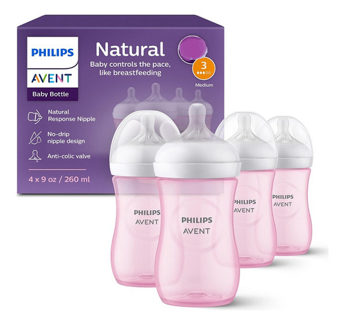 Biberones Avent Set 4 Piezas 260 Ml 9 Onzas Anticolico Rosa