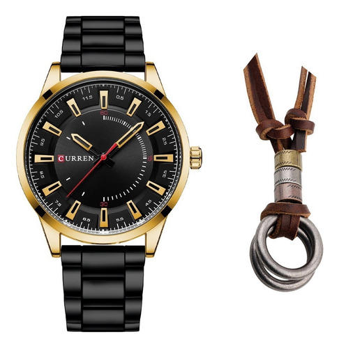 Relógio Masculino Casual Aço Inox De Luxo + Cordão Ajustável Cor Da Correia Preto Cor Do Bisel Dourado Cor Do Fundo Preto