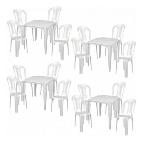 Conjunto 4 Mesas Quadrada + 16 Cadeiras Em Plastico Branca