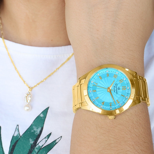 Relógio Champion Feminino Dourado Rosa + Colar E Brincos