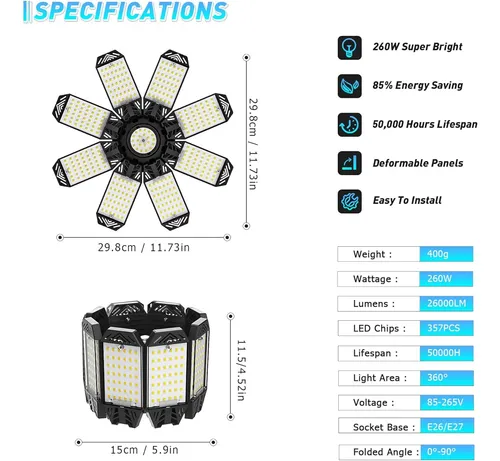 Luces De Garaje De 260 W 26000 Lm, Paquete De 6 Luces Led