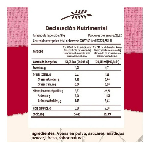 Avena En Polvo Rivero Fresa Para Licuados Menos Azucar 400g