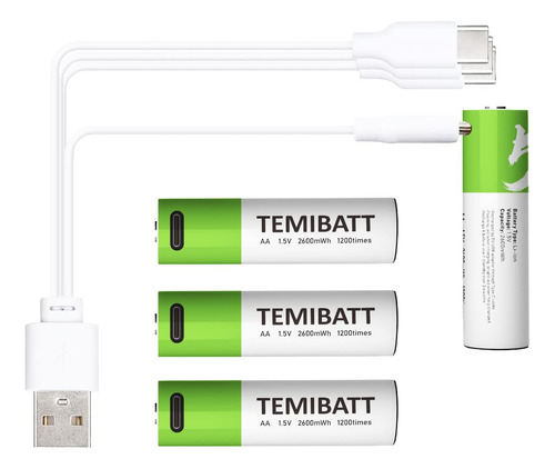 Temibatt Batera Usb Aa, Bateras Recargables Aa De Litio De 1