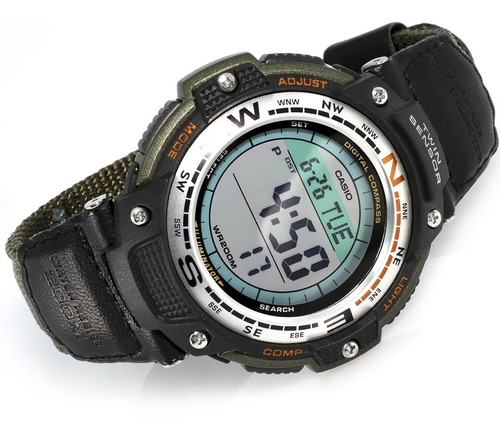 Relógio masculino Casio SGW-100b-3v, 100 m, submersível, cor de malha central local, verde escuro, cor de moldura, cor de fundo preta, cor de fundo escura