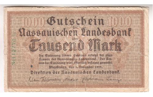 Billete Alemania 1000 Mark 1922 Nassauische Landesbank