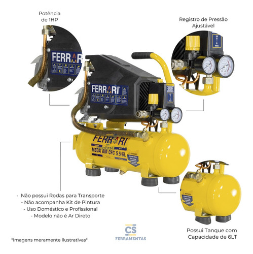 Compressor de ar elétrico portátil Ferrari Mega Air CFC 5,5/6L – 1HP 6L 1hp 127V amarelo