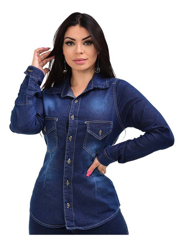 Camisa Jeans Social Feminina Manga Longa Com 2 Bolsos - Ewf