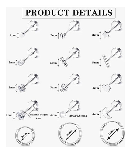 15pare Arete Mujer Pendientes Piercing Oreja Cartílago Acero