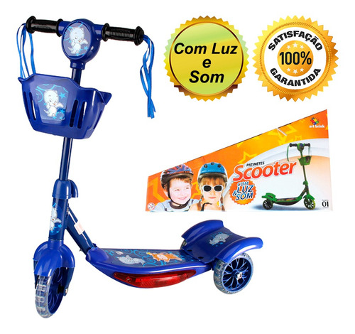 Patinete Scooter Até 35kg Brinquedo Musical Luzes - Azul