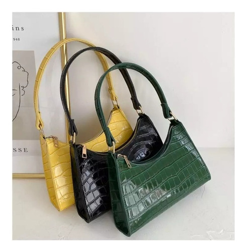 Cartera Mini Tipo Medialuna ! Ruffine Acabado De Los Herrajes Oro Suave Color Verde Oscuro Diseño De La Tela Croco