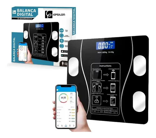 Balança Bioimpedância Digital Preta 180kg App Gratuito P/ Android...